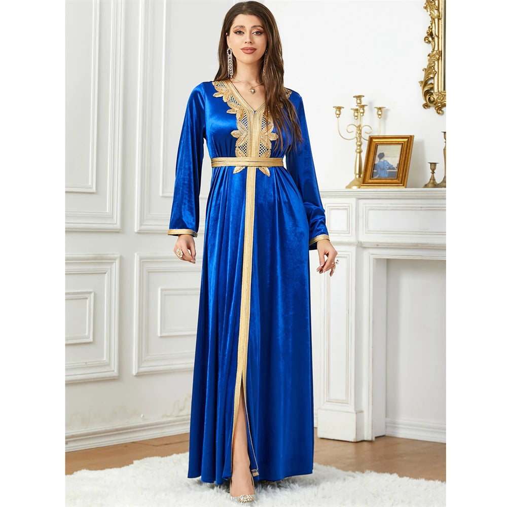 Womens's Velvet Arabic Robe - Embroidered Split Hem 