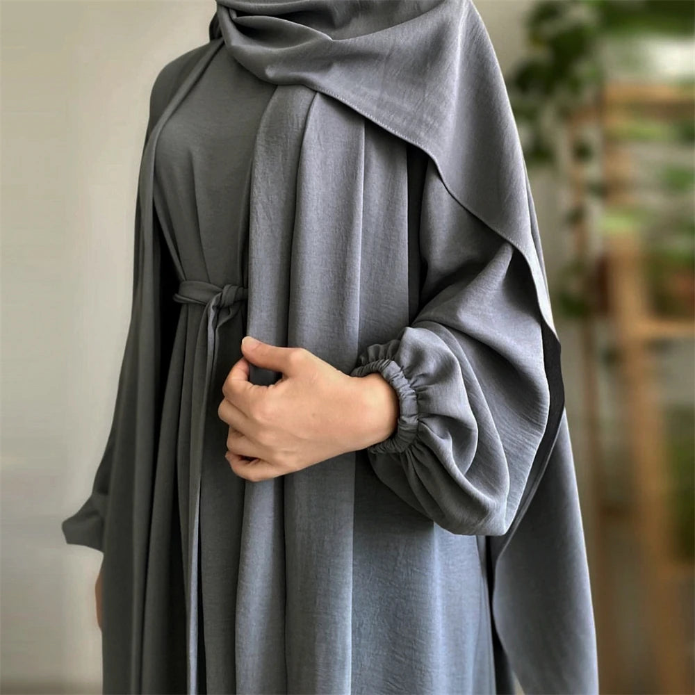 New Abaya Set Crinkle Fabric Open Abaya+Inner Long Dress Islamic Clothing Muslim Women Dresses Set Turkish Kaftan Ramadan Eid