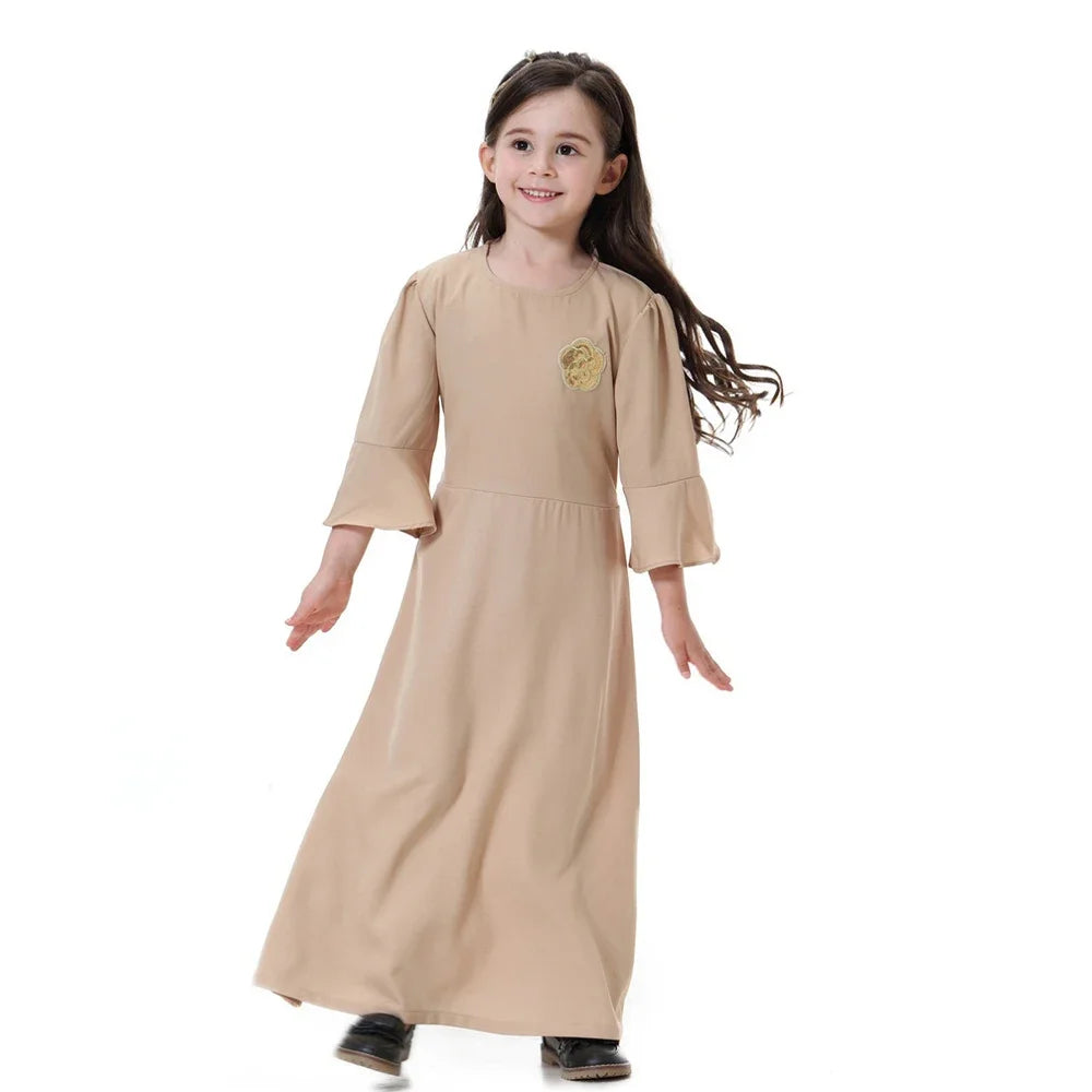 Muslim Kids Girls Prayer Dress Abaya Kaftan Tobey Saudi Jabba Robe Southeast Asian Girl Applique Long Skirt Dress