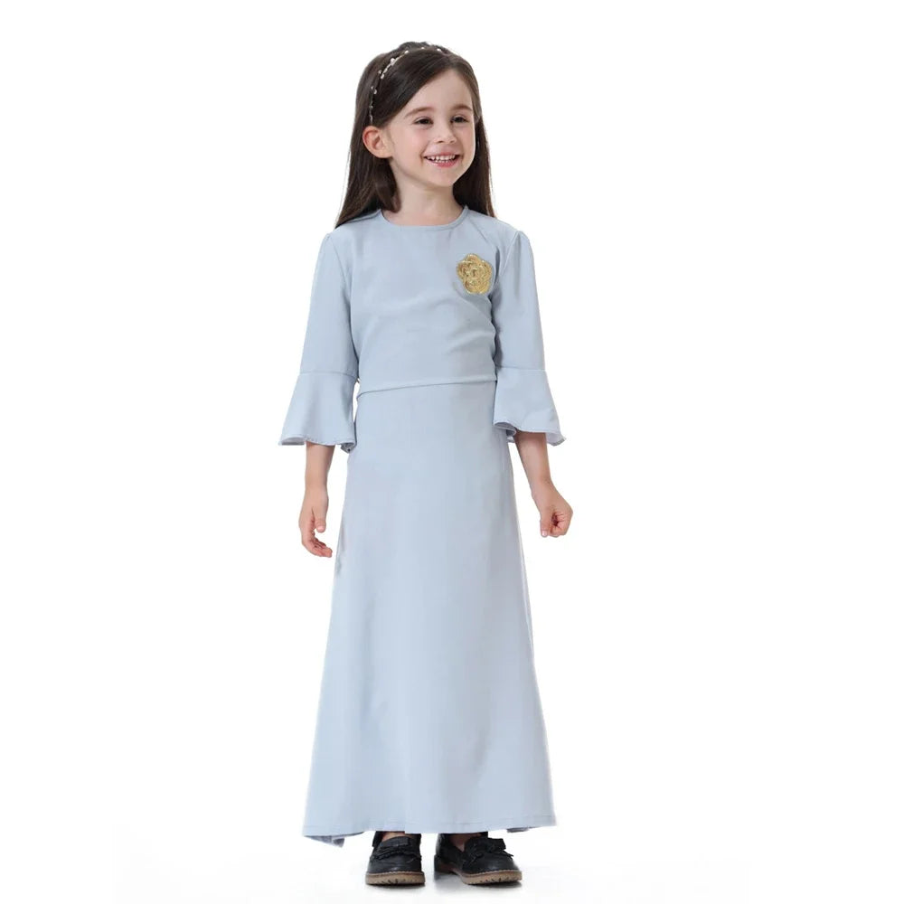 Muslim Kids Girls Prayer Dress Abaya Kaftan Tobey Saudi Jabba Robe Southeast Asian Girl Applique Long Skirt Dress