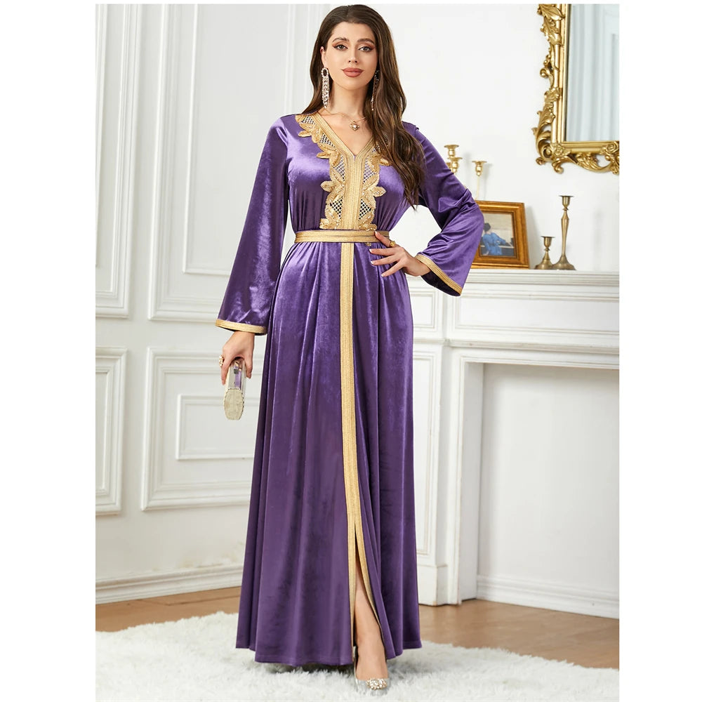 Womens's Velvet Arabic Robe - Embroidered Split Hem 