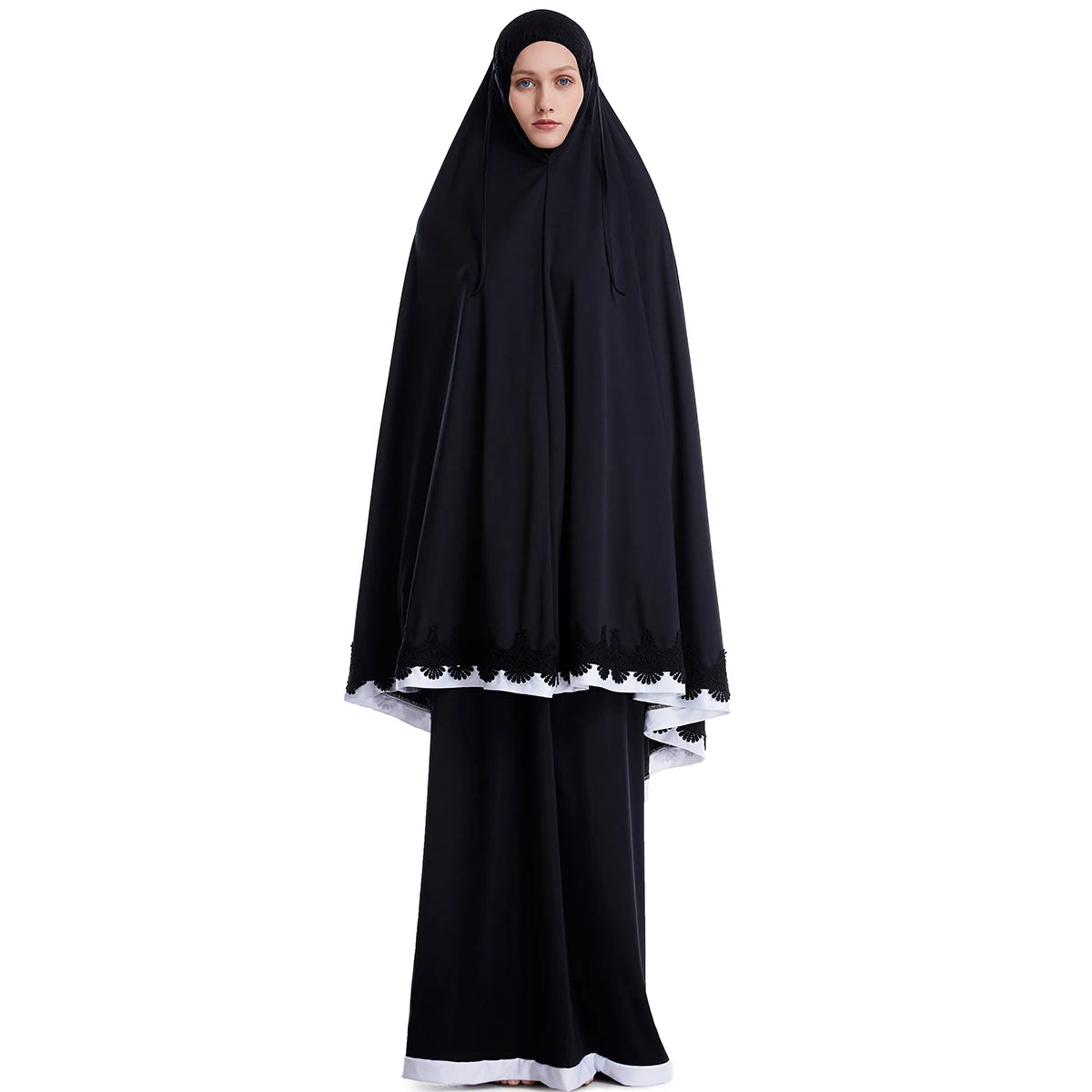 Women's Solid Color Lace Long Hijab Set with Modest Tube Skirt