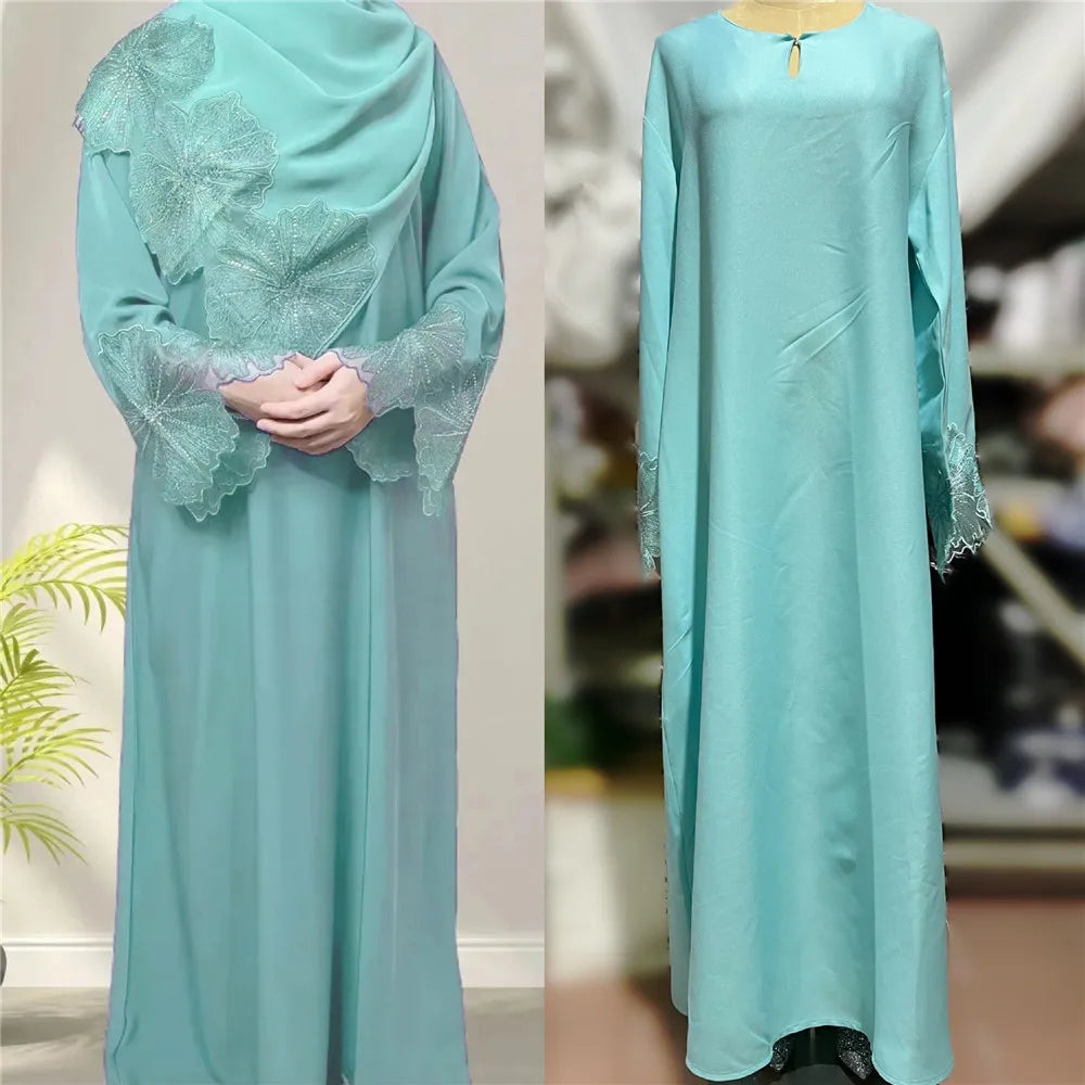 Eid Ramadan Hijab Dress - Embroidered Abaya with Scarf