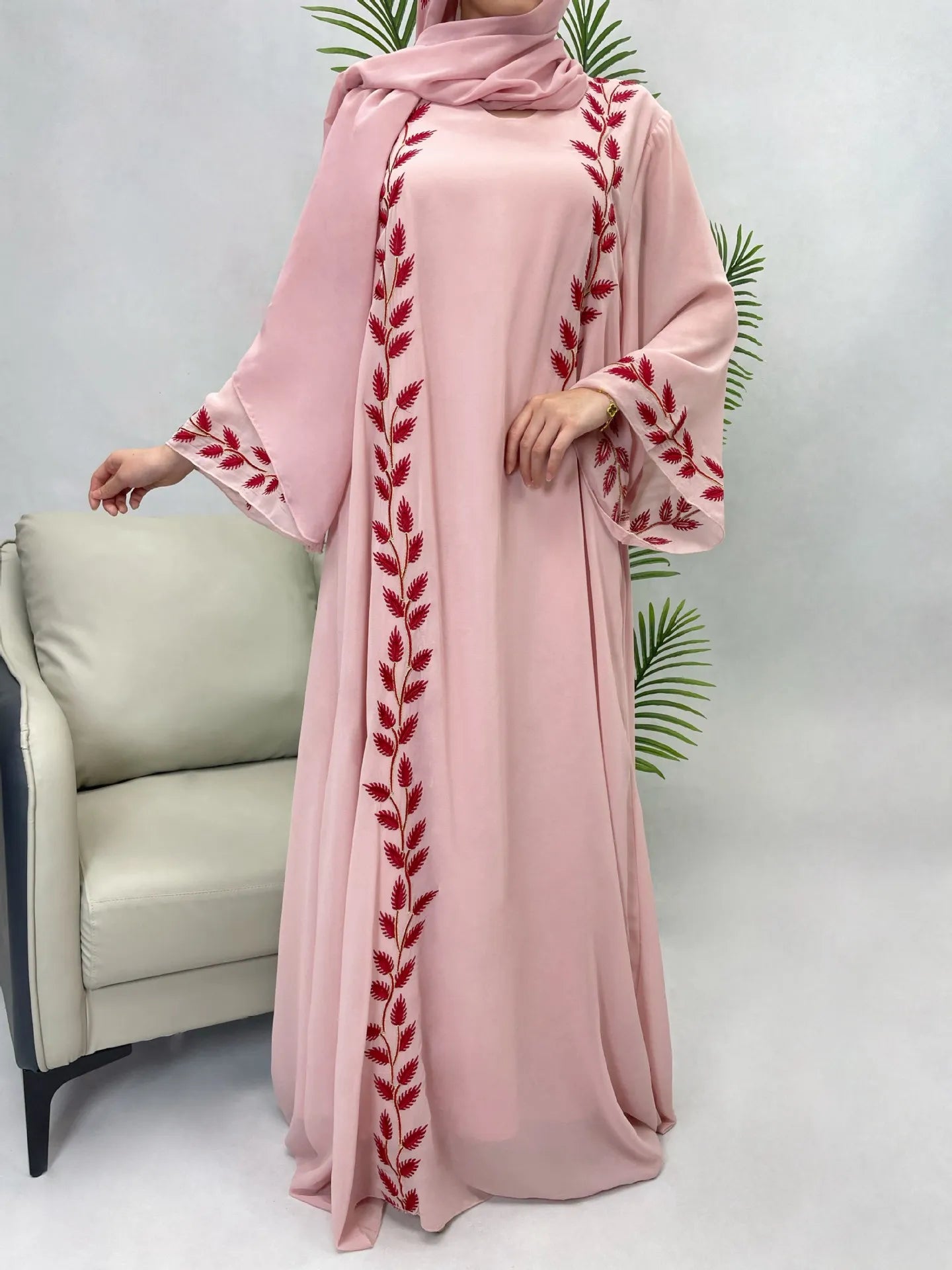 Eid 2-Piece Embroidered Abaya Set - Long Robe & Scarf