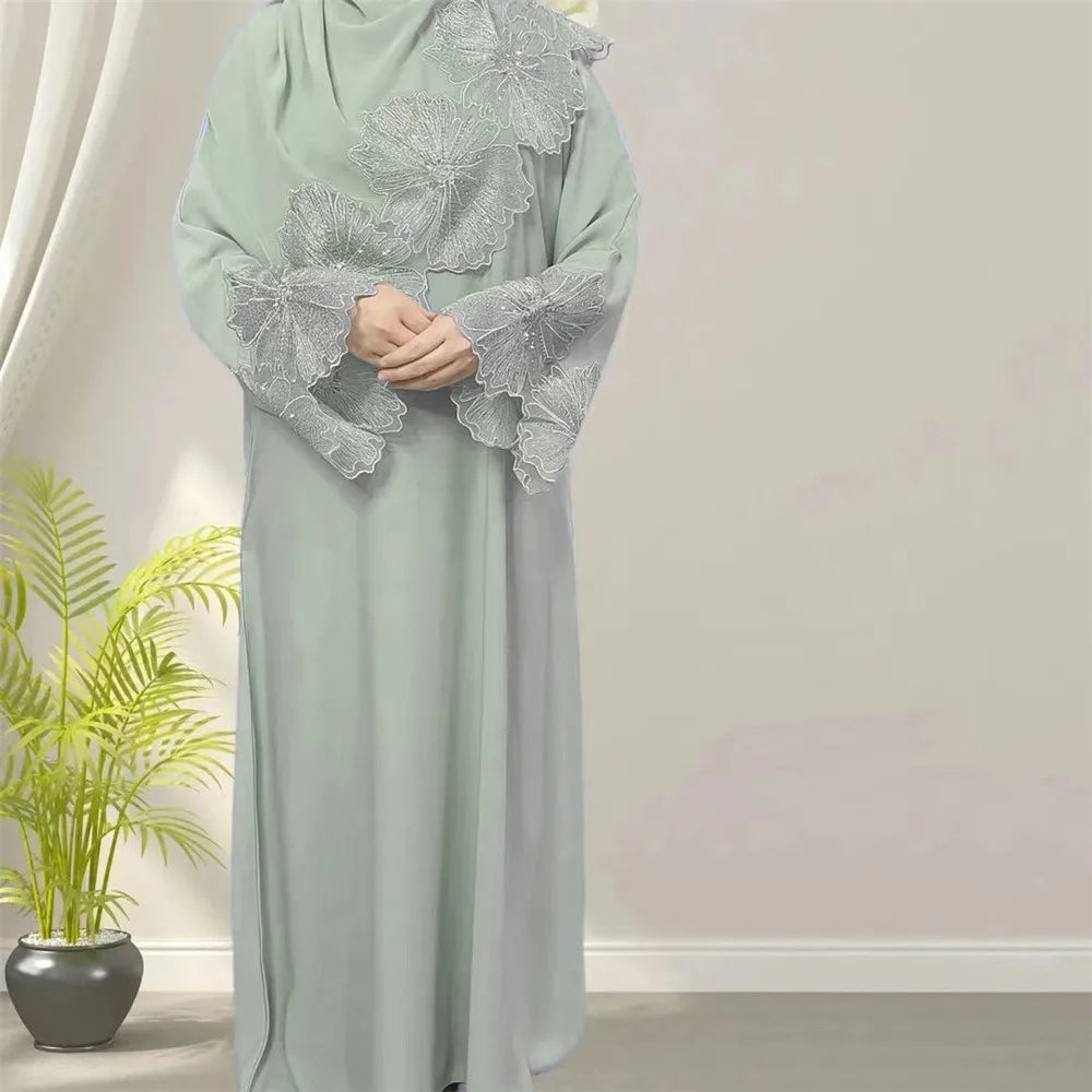 Eid Ramadan Hijab Dress - Embroidered Abaya with Scarf