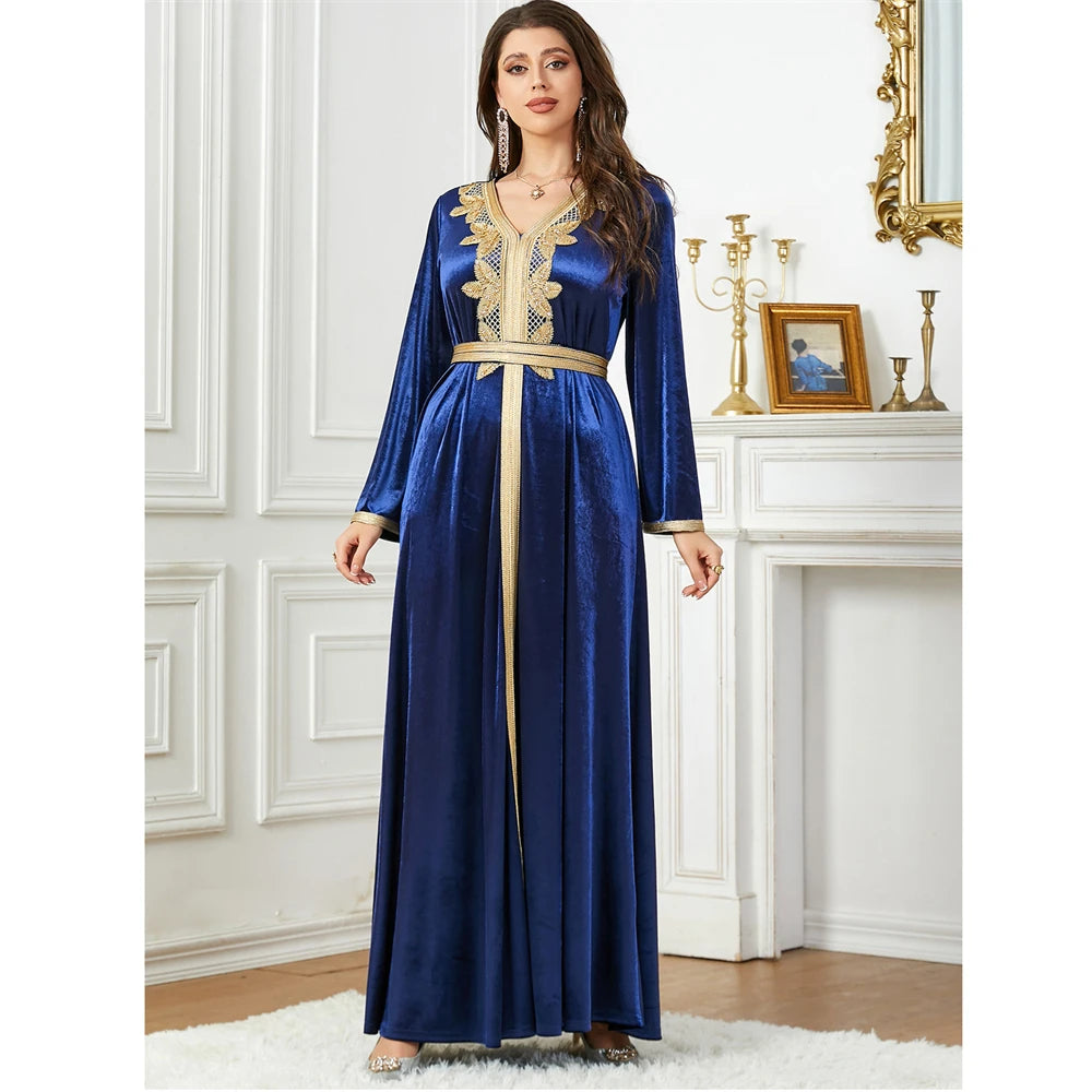 Womens's Velvet Arabic Robe - Embroidered Split Hem 